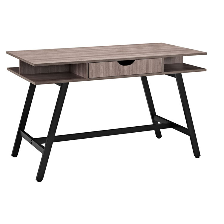 Wood Grain Finish Computer Desk with Storage Shelf and Black Metal Frame
