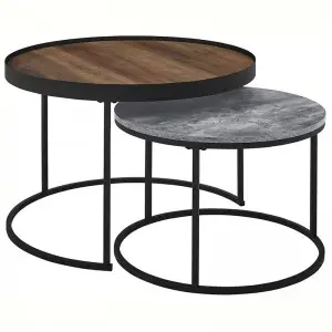 Modern Industrial Wood Round Coffee Nesting Tables Living Room Accent Ottoman Storage Shelf, 30 Inch, Rustic Oak