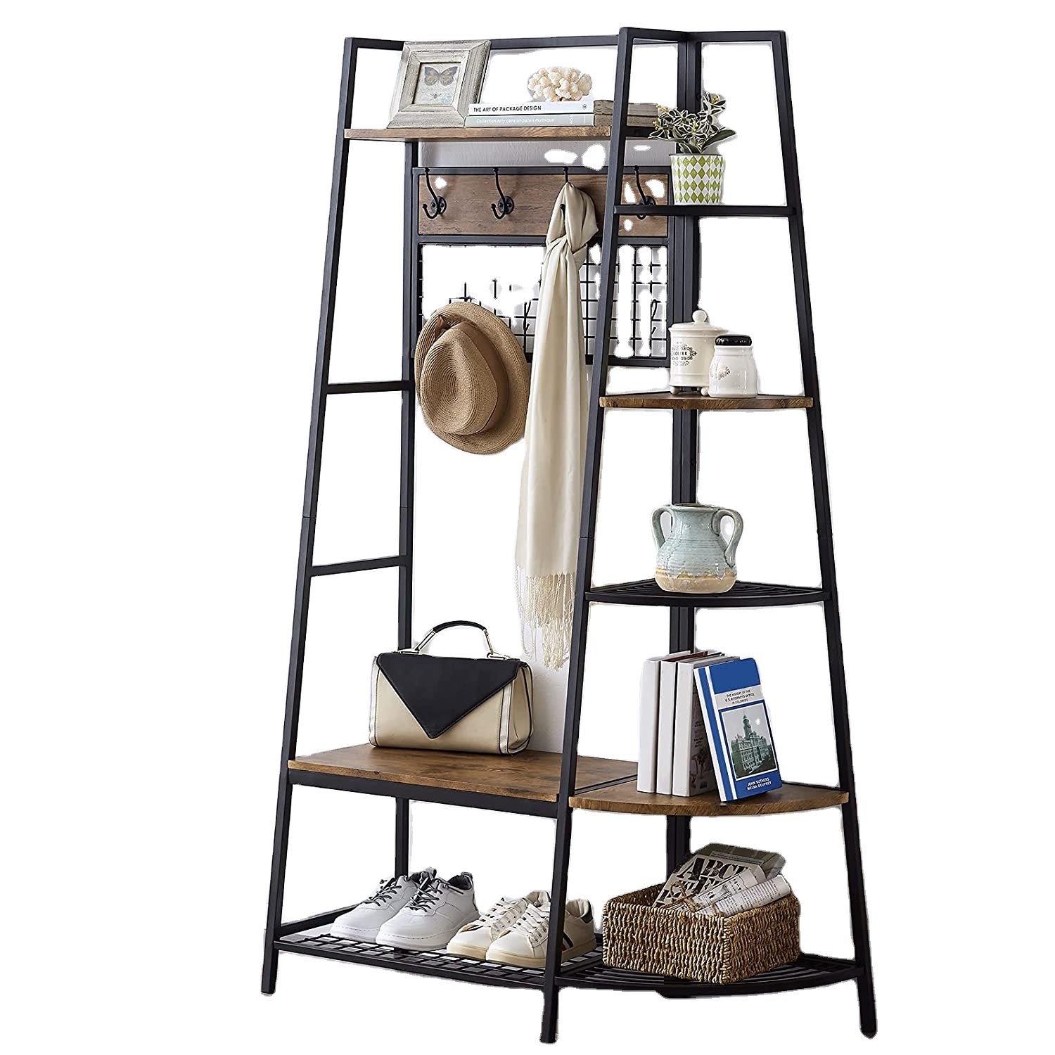 Metal Wood vintage casual Indoor Shoe Storage shelf Seat with entryway coat rack and Suitable For Dining room